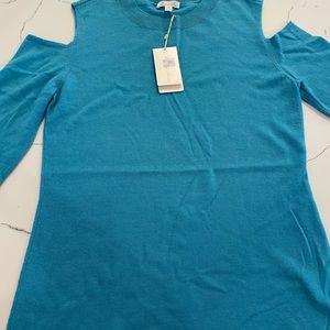 MINNIE ROSE 100% cashmere cold shoulder sweater beautiful turquoise
